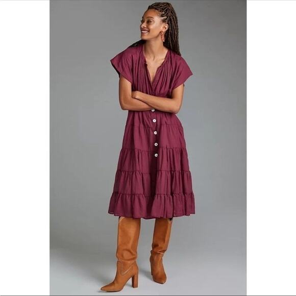 NWT Anthropologie X Erika Peña Dress Wine Tiered Midi Boho Peasant One Size - Picture 1 of 11